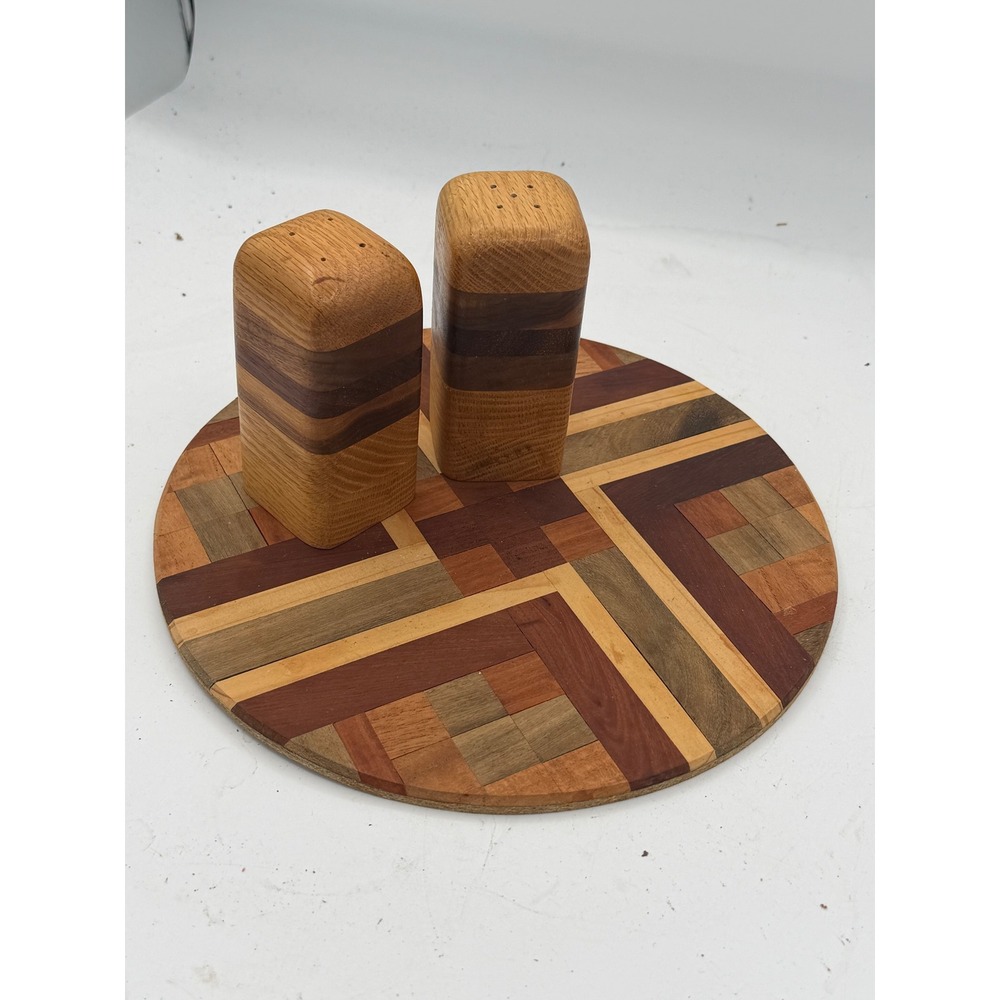 Vintage MCM Mixed Wood Salt & Pepper Shakers and Inlay Trivet Set Signed Cuba